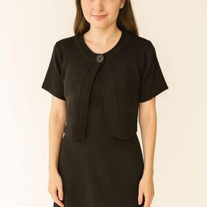 August Silk L Black 3/4 Sleeve Open Knit Bolero Sweater Shawl One Button Croppe